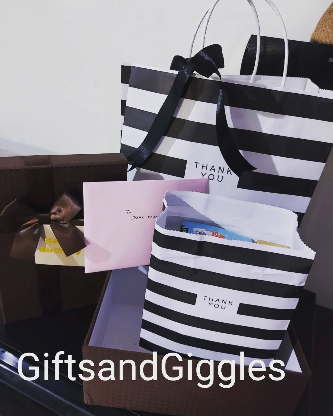 Elegant Black and White Striped Gift Bags with Thank You Notes
